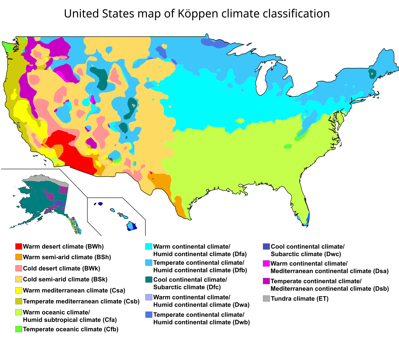 Köppen climate classification map of the United States, with the humid subtropical and humid continental boundary running through the New York metro area