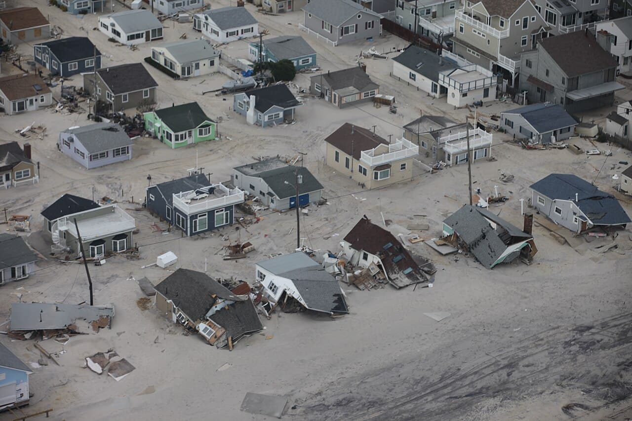 Aerial view of extensive flooding along the New Jersey shore after Hurricane Sandy