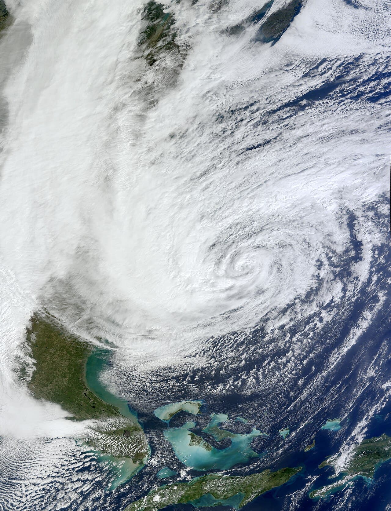 NASA MODIS satellite image of Hurricane Sandy approaching the U.S. East Coast on October 28, 2012
