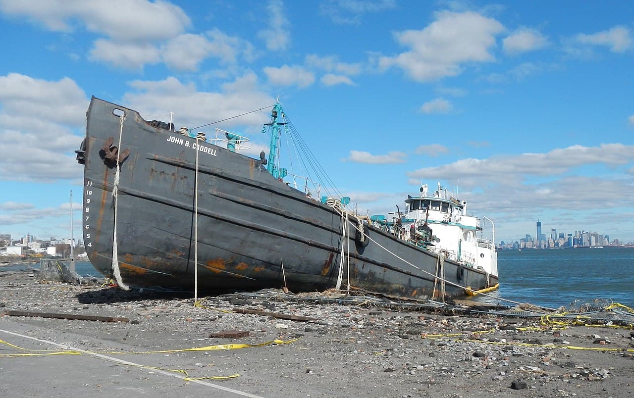 Tanker ship John B. Caddell washed ashore on Front Street in Staten Island after Hurricane Sandy
