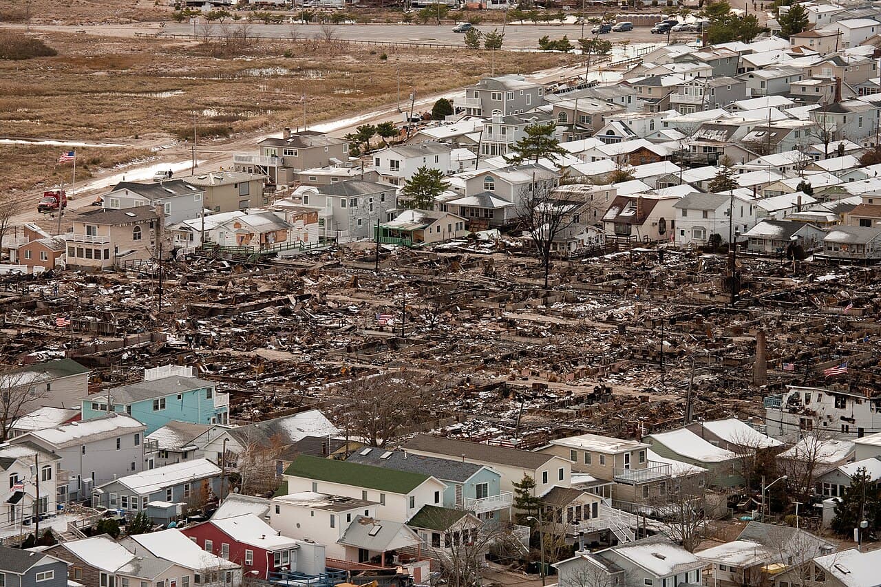 Aerial view of Breezy Point, Queens after fire destroyed over 100 homes during Hurricane Sandy